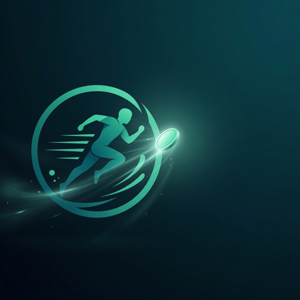 The MoveMint runner on a deep teal field, with a coin of light forming ahead of the stride